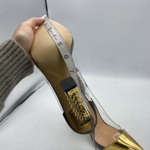 FSJGolden Block High Heels Clear Pumps Pointed Toe Dress Party Evening Shoes - Picture 9 of 11